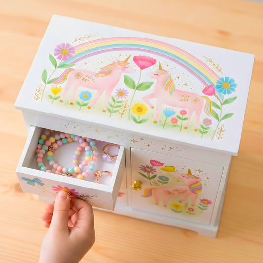 Floral Unicorn Musical Jewelry Box with Drawers