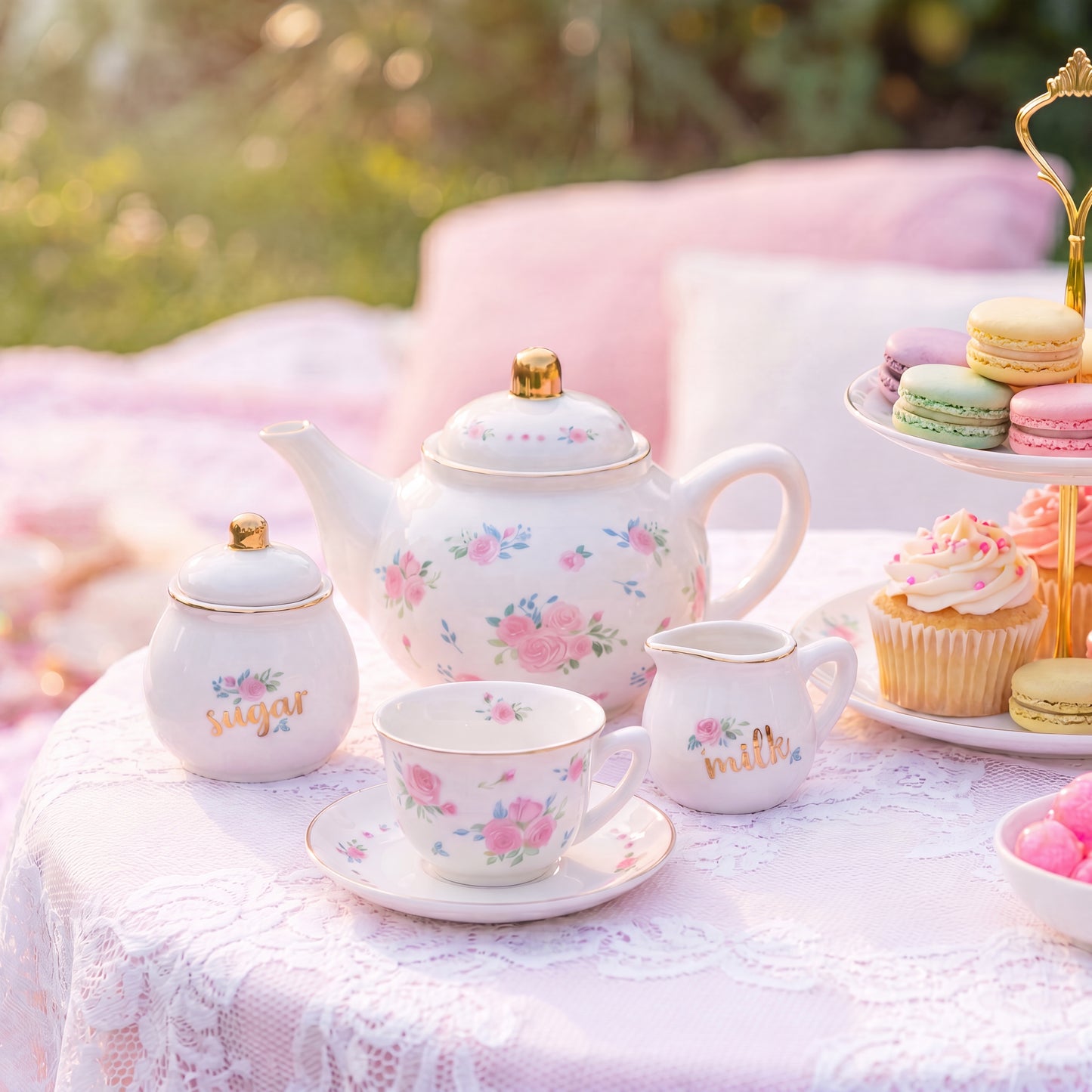 Floral porcelain tea set styled on a lace table with teapot, sugar bowl, milk pot, cup and saucer, macarons and cupcakes