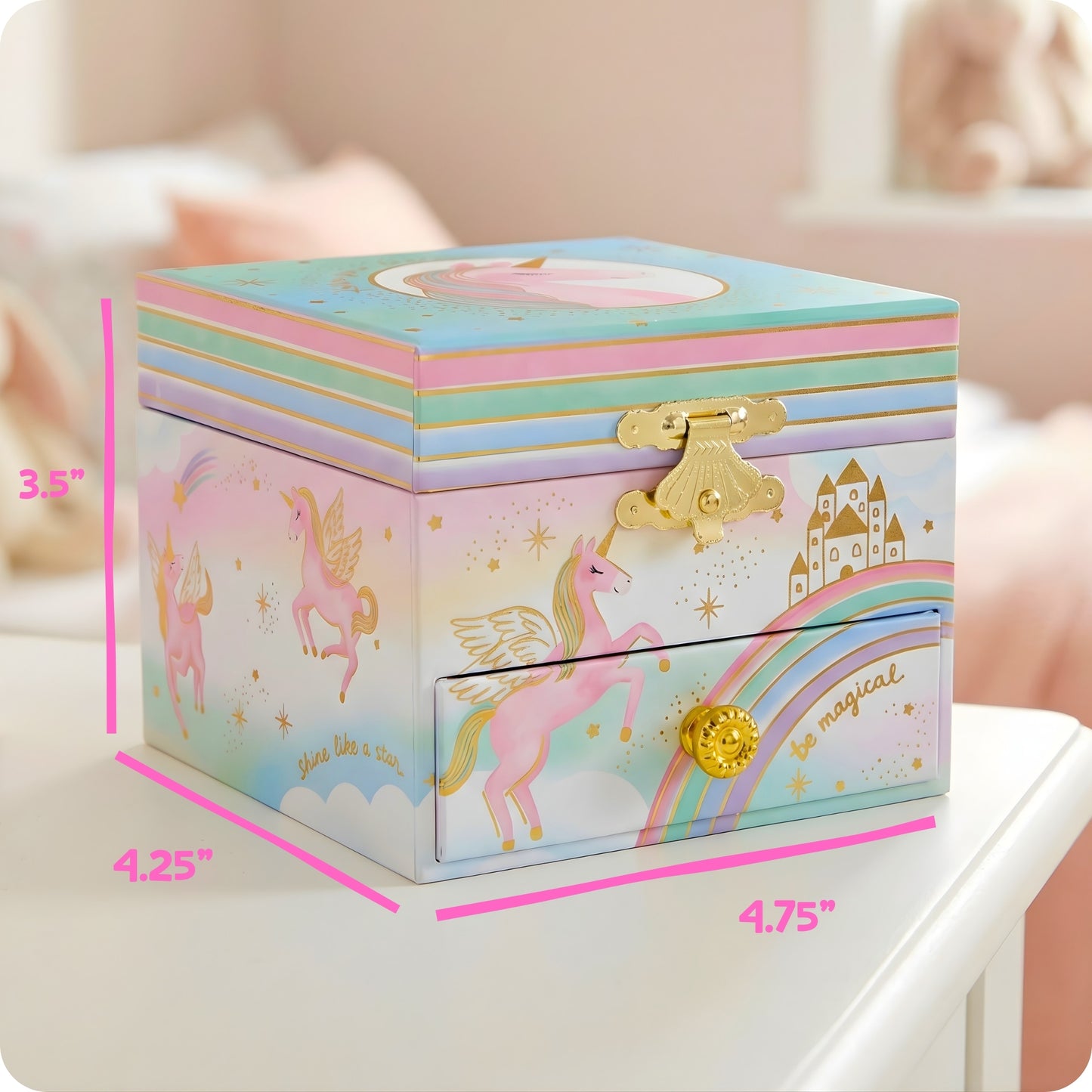 Colorful jewelry box with unicorn design and dimensions displayed