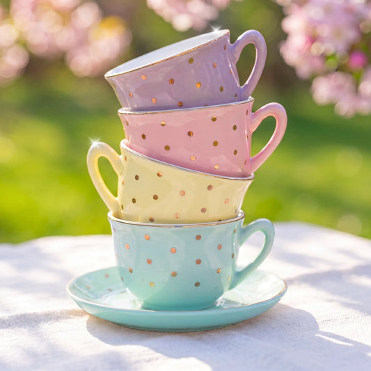 Pastel gold dot porcelain tea set contents: teapot, sugar bowl, milk pot, and four pastel teacups with saucers