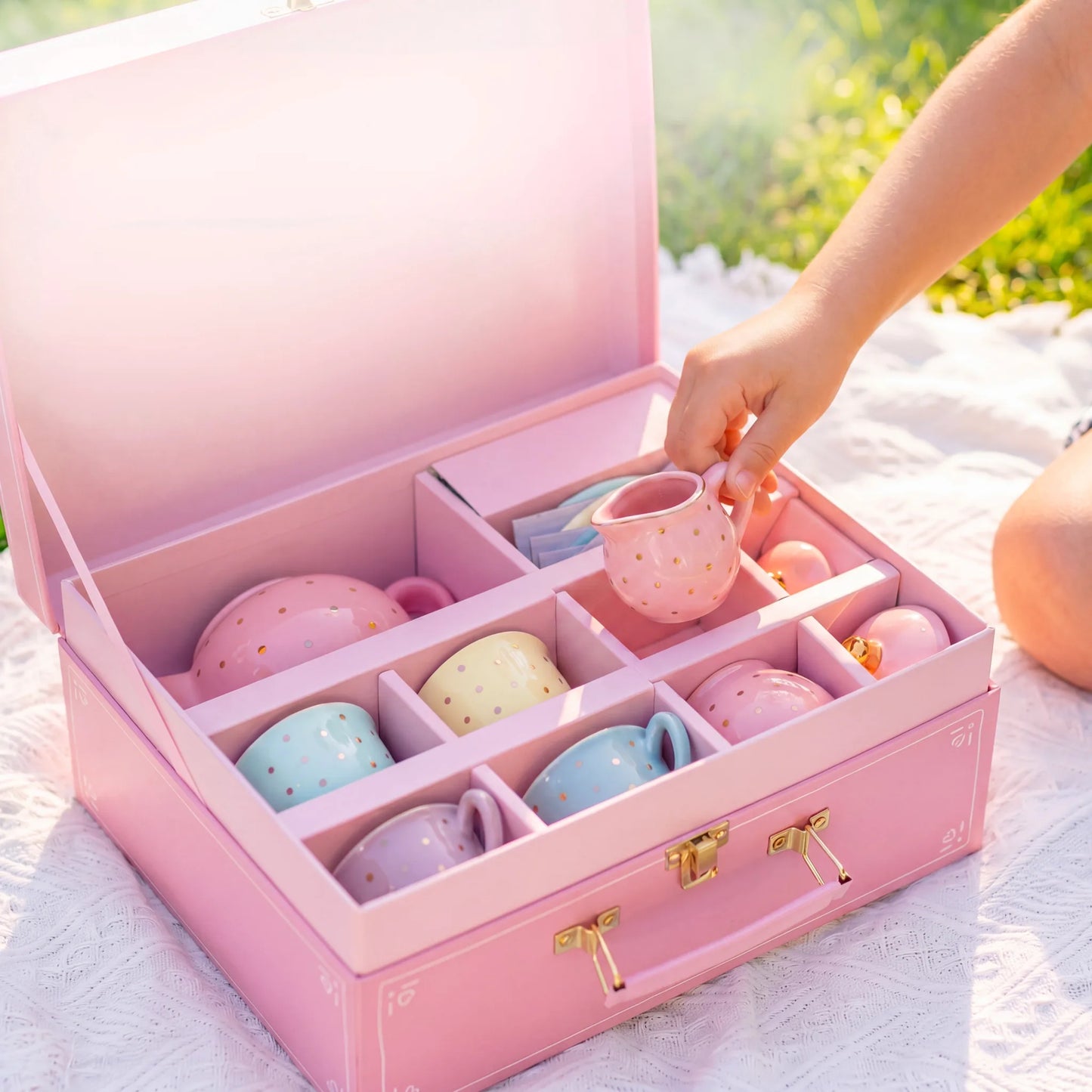 Child placing the pink milk jug into the pastel porcelain tea set's pink carry case, with cups organized in padded compartments outdoors