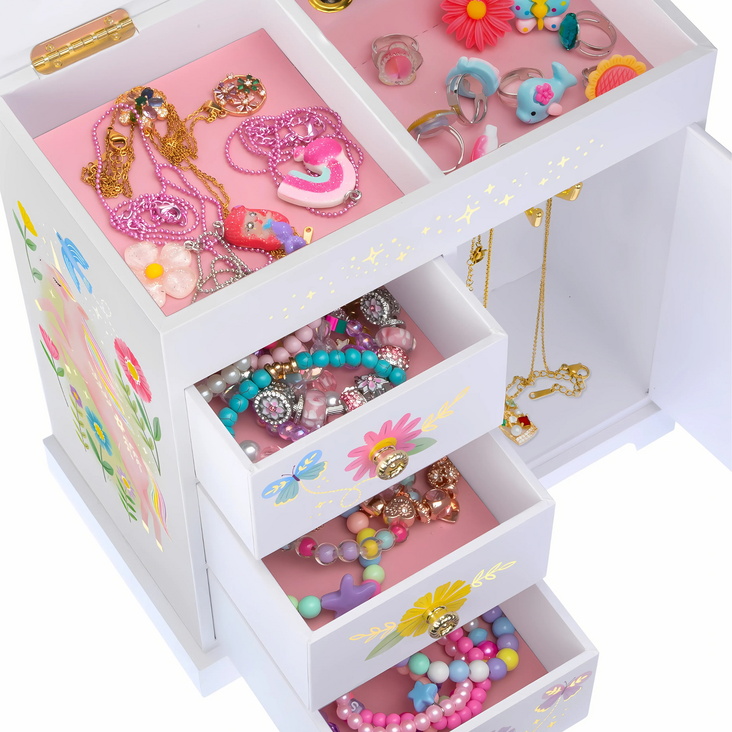 Floral Unicorn Musical Jewelry Box with Drawers