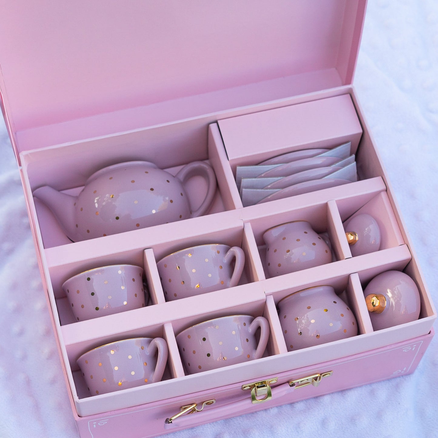 Little Girl's Tea Party Set with Porcelain Cups, Saucers, and Teapot