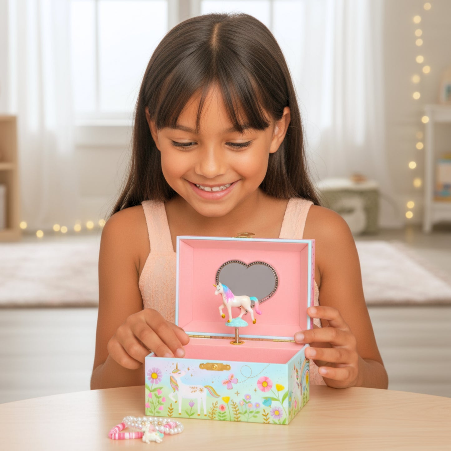 little girl holding a colorful music box with a unicorn design.