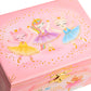 Pink jewelry box with unicorn and cat designs on a pink background
