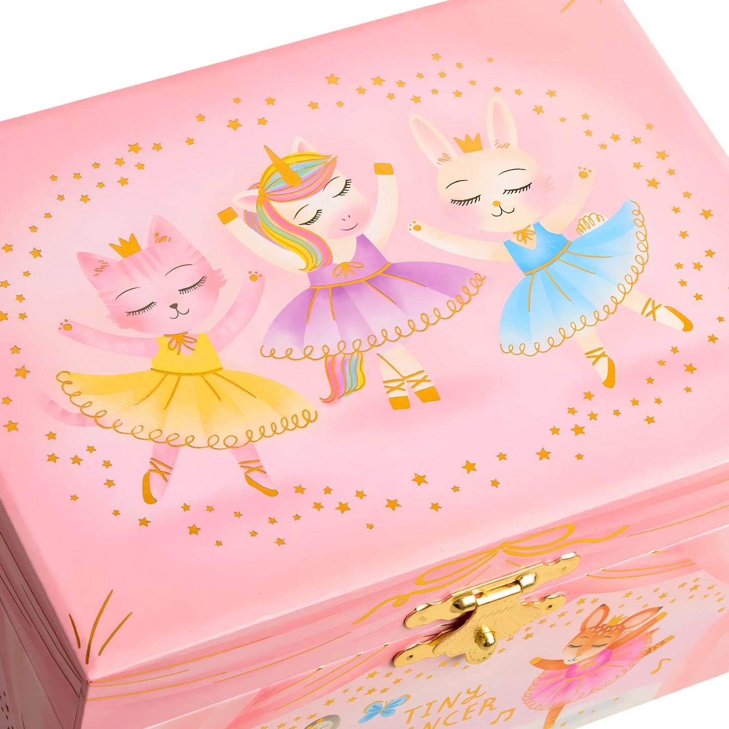 Pink jewelry box with unicorn and cat designs on a pink background