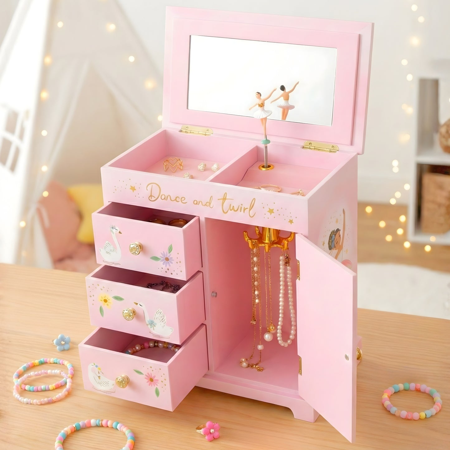Swan Lake Ballerina Musical Jewelry Box w/ Drawers