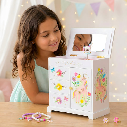 Floral Unicorn Musical Jewelry Box with Drawers