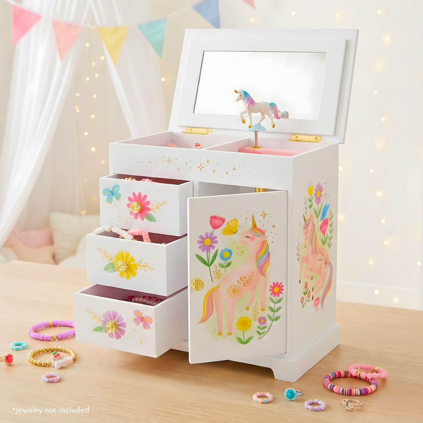 Floral Unicorn Musical Jewelry Box with Drawers