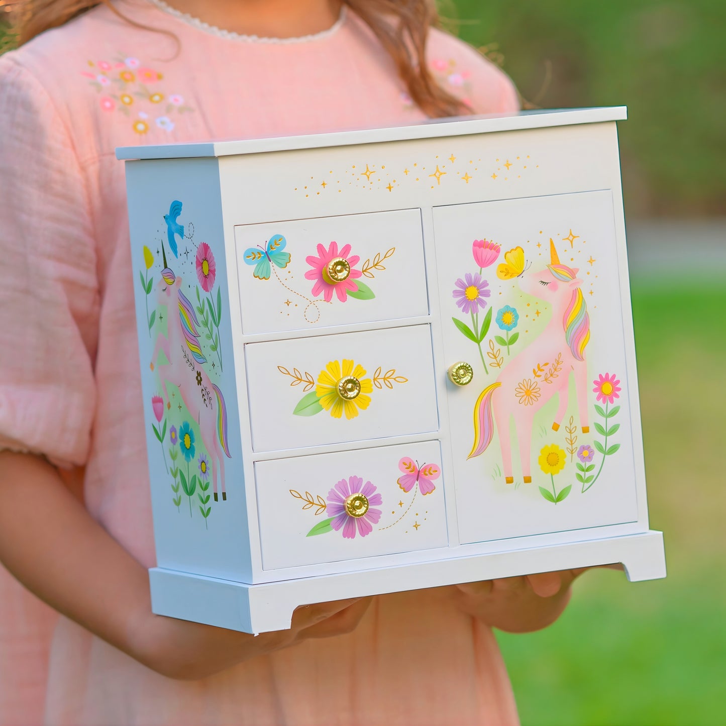 Floral Unicorn Musical Jewelry Box with Drawers