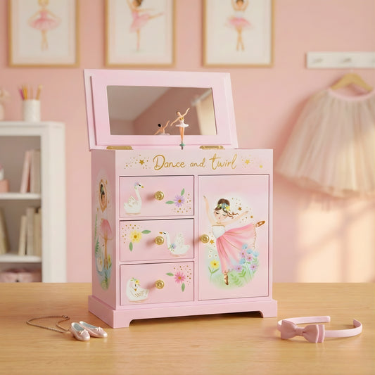Swan Lake Ballerina Musical Jewelry Box w/ Drawers