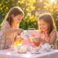 Two young girls in floral dresses pouring tea at a sunlit outdoor garden tea party with the floral porcelain tea set