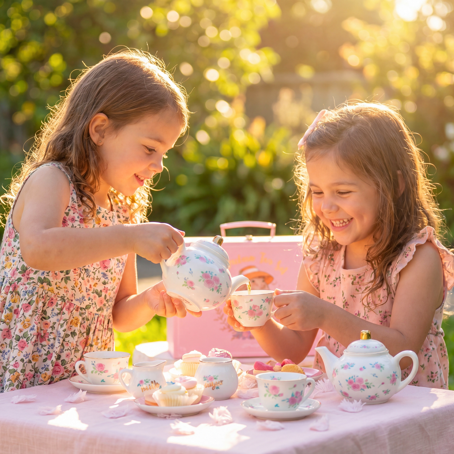 Two young girls in floral dresses pouring tea at a sunlit outdoor garden tea party with the floral porcelain tea set