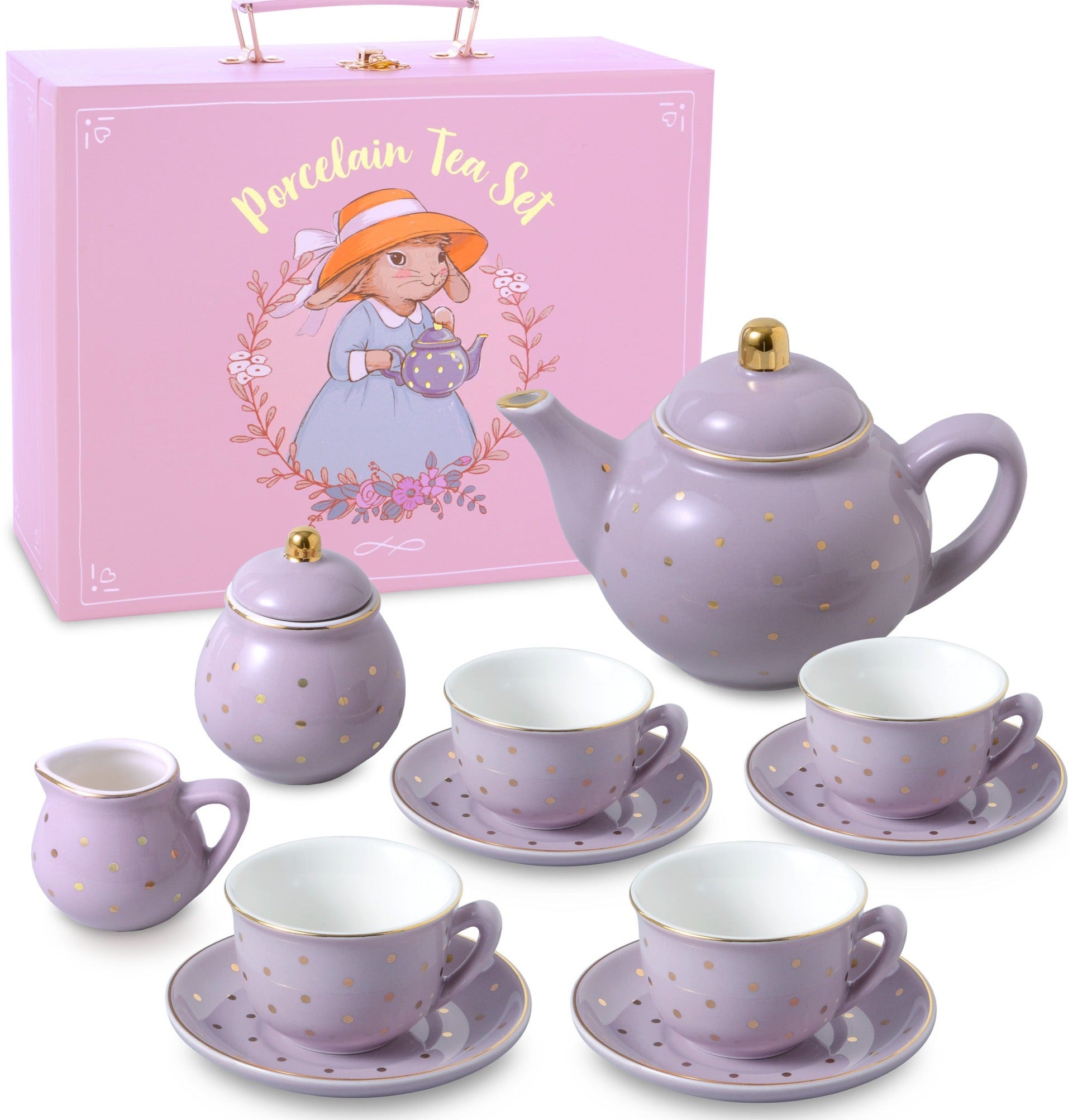 Charming Lavender Porcelain Tea Set for Kids with Teapot and Cups