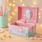 Close-up of Giggle & Honey Ballerina Musical Jewelry Box with hand-painted pink watercolor fairy and floral design.