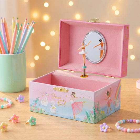 Close-up of Giggle & Honey Ballerina Musical Jewelry Box with hand-painted pink watercolor fairy and floral design.