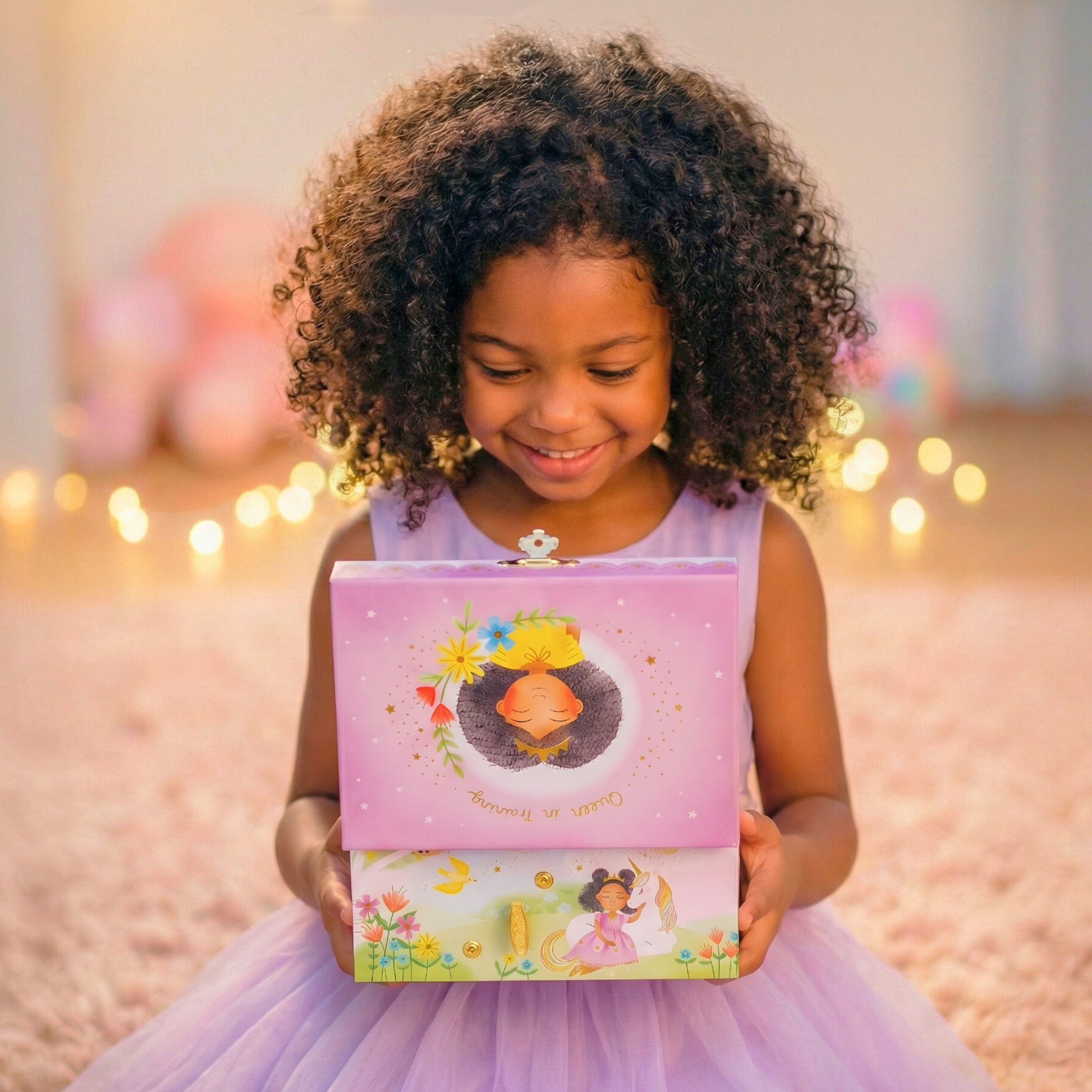 Young girl in a purple dress holding a pink and yellow gift box with a princess design.