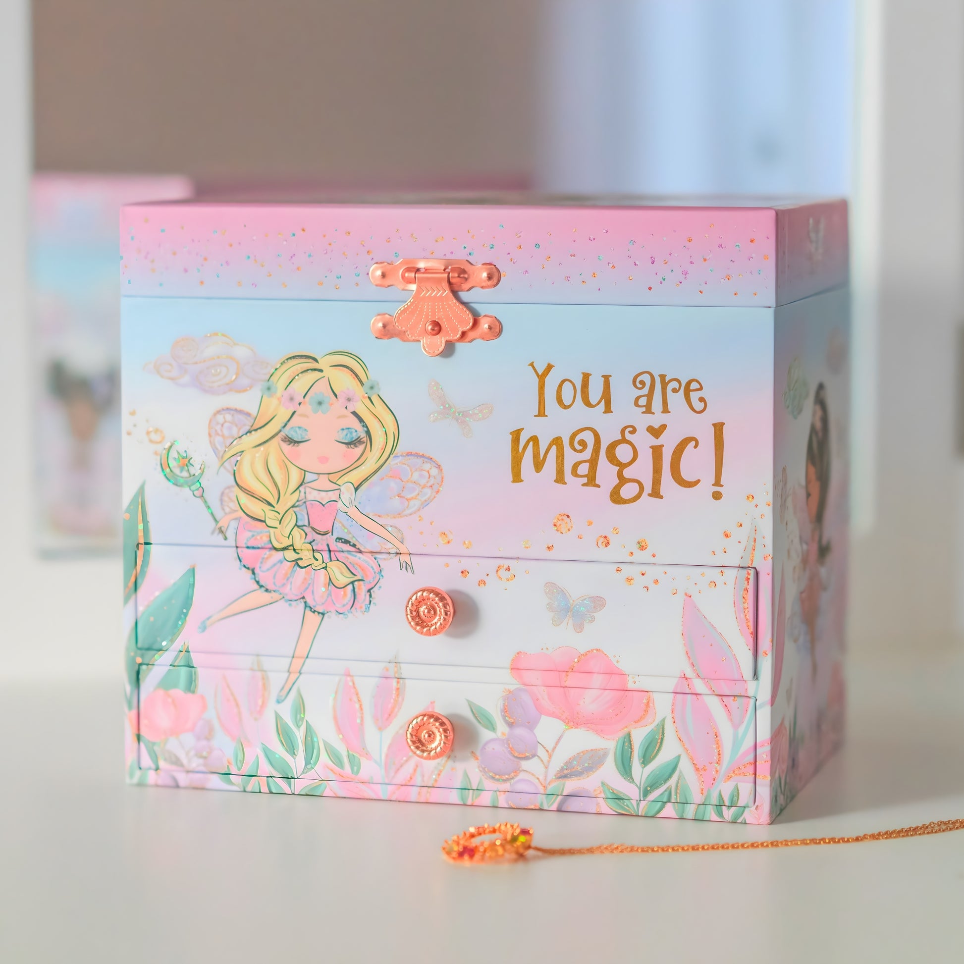 little girls jewelry box in a watercolor fairy design