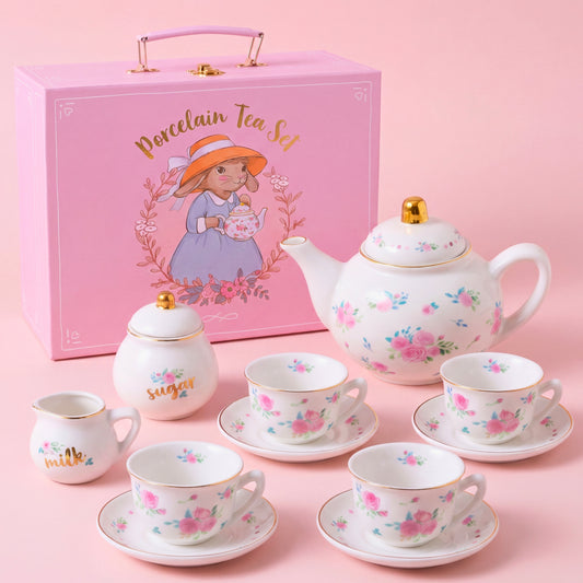 Classic floral porcelain tea set for kids with two little girls playing tea party