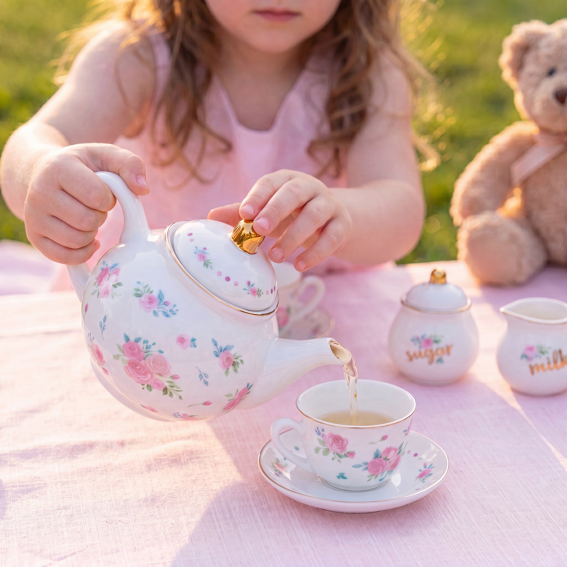 Young girl pouring tea from the floral porcelain teapot into a cup beside a teddy bear, with sugar bowl and milk pot at an outdoor tea party