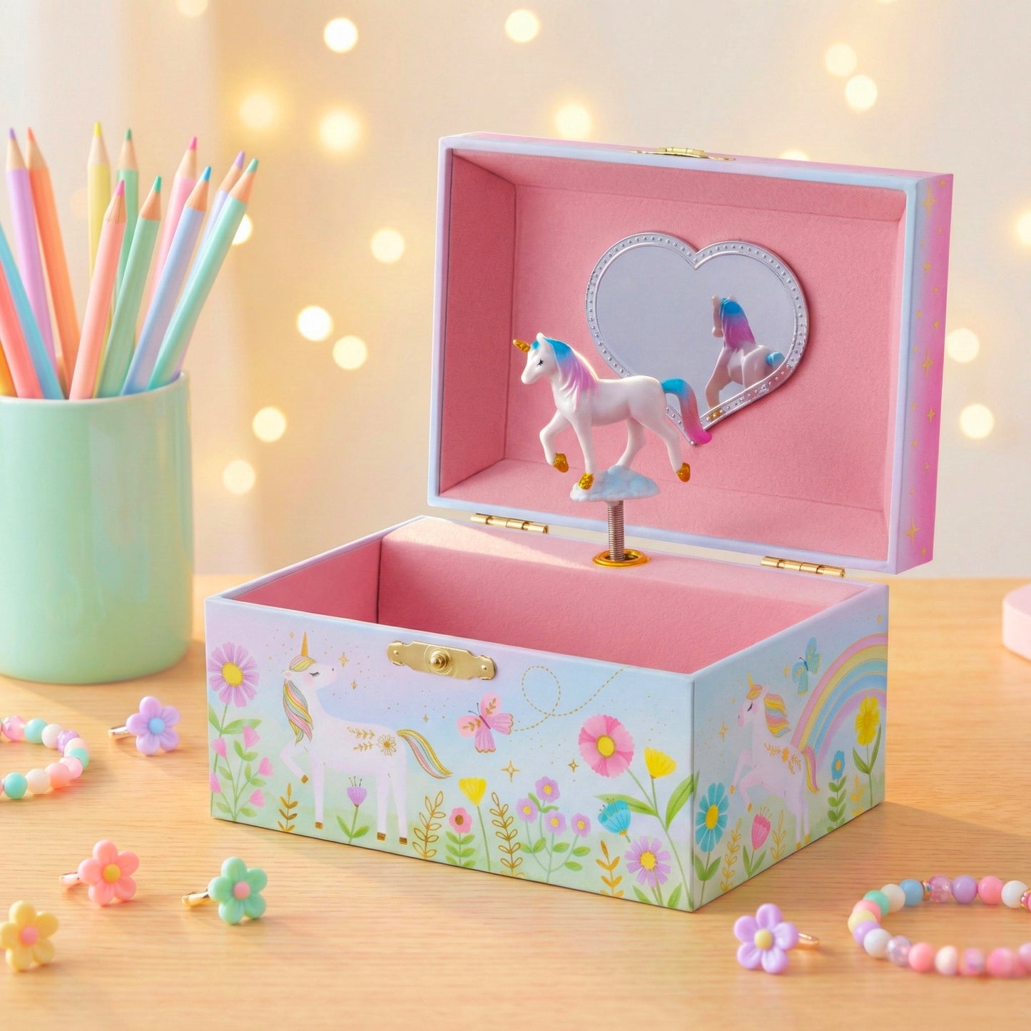 Unicorn-themed music box with pastel colors on a wooden surface with decorative lights in the background.
