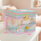 Colorful jewelry box with unicorn design and dimensions displayed