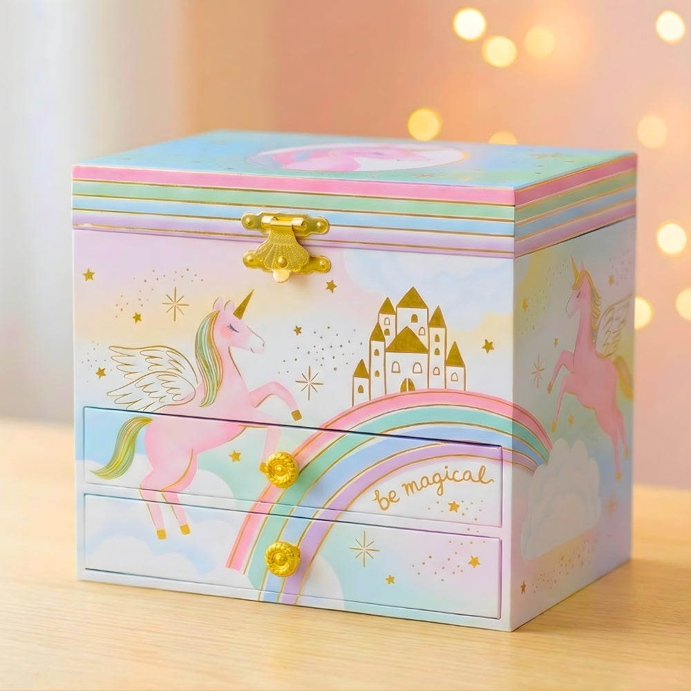 Jewelry box with unicorn, rainbow, and castle design on a light background