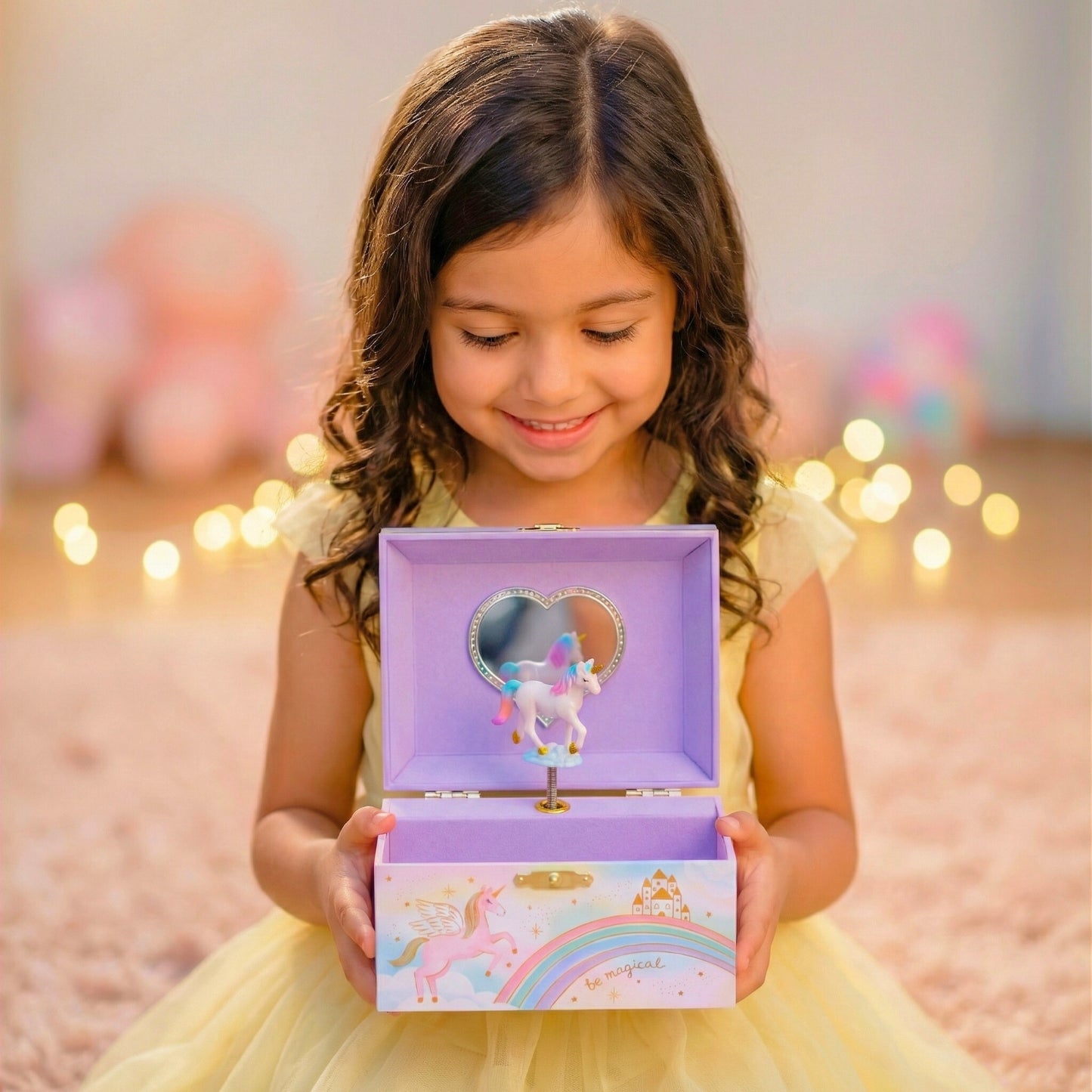 Young girl holding a purple music box with a unicorn design, surrounded by blurred lights.