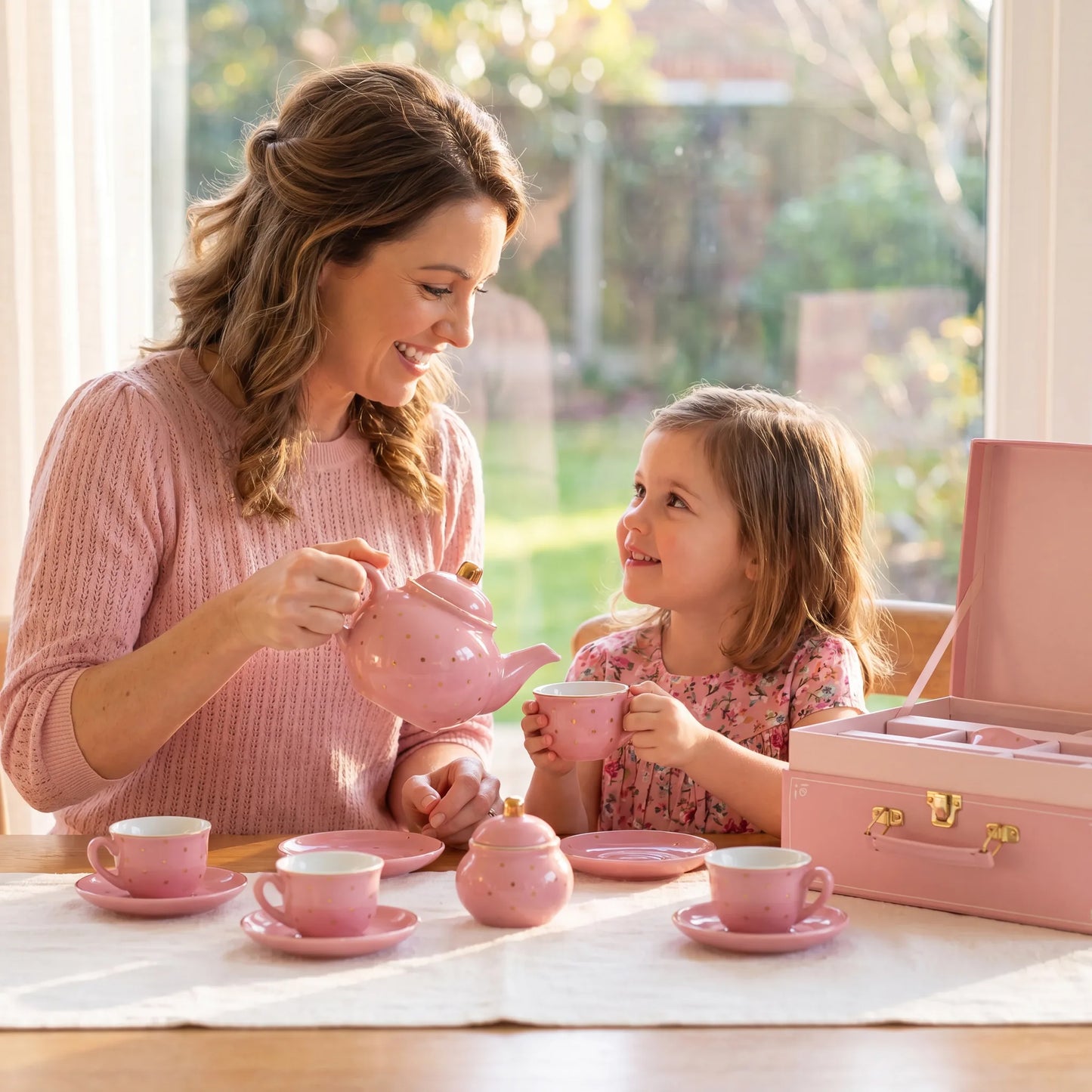 Mother and daughter having a tea party with the pink porcelain tea set