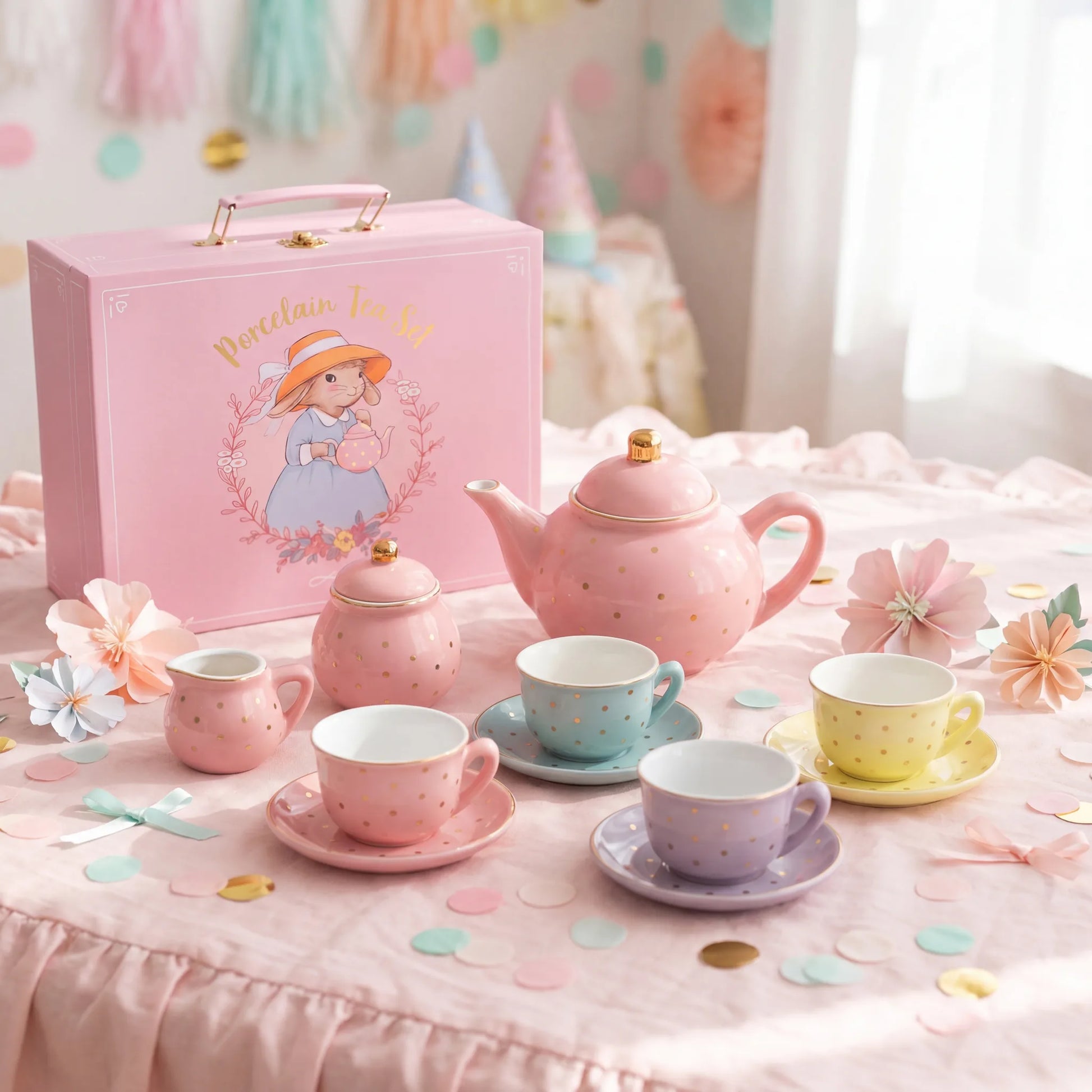 Pastel and gold polka dot porcelain tea set for girls with pink teapot, sugar bowl, milk pot, 4 pastel cups and saucers, and a pink carry case