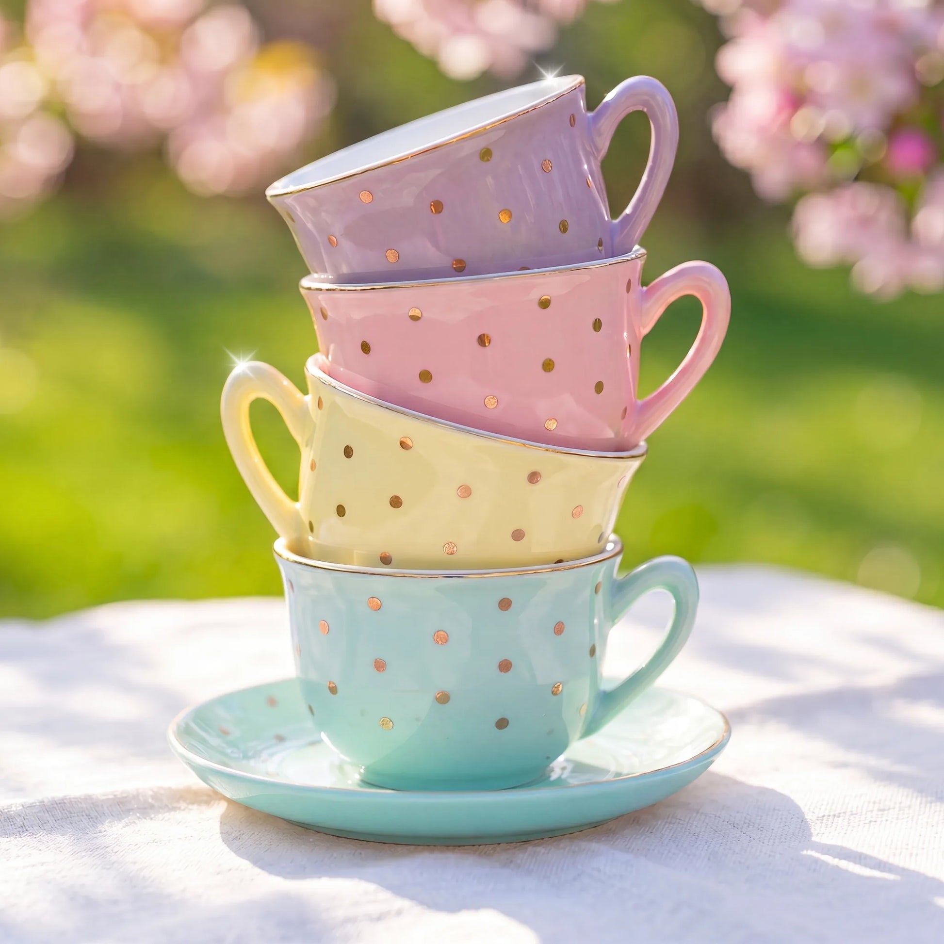 Pastel gold dot porcelain tea set contents: teapot, sugar bowl, milk pot, and four pastel teacups with saucers