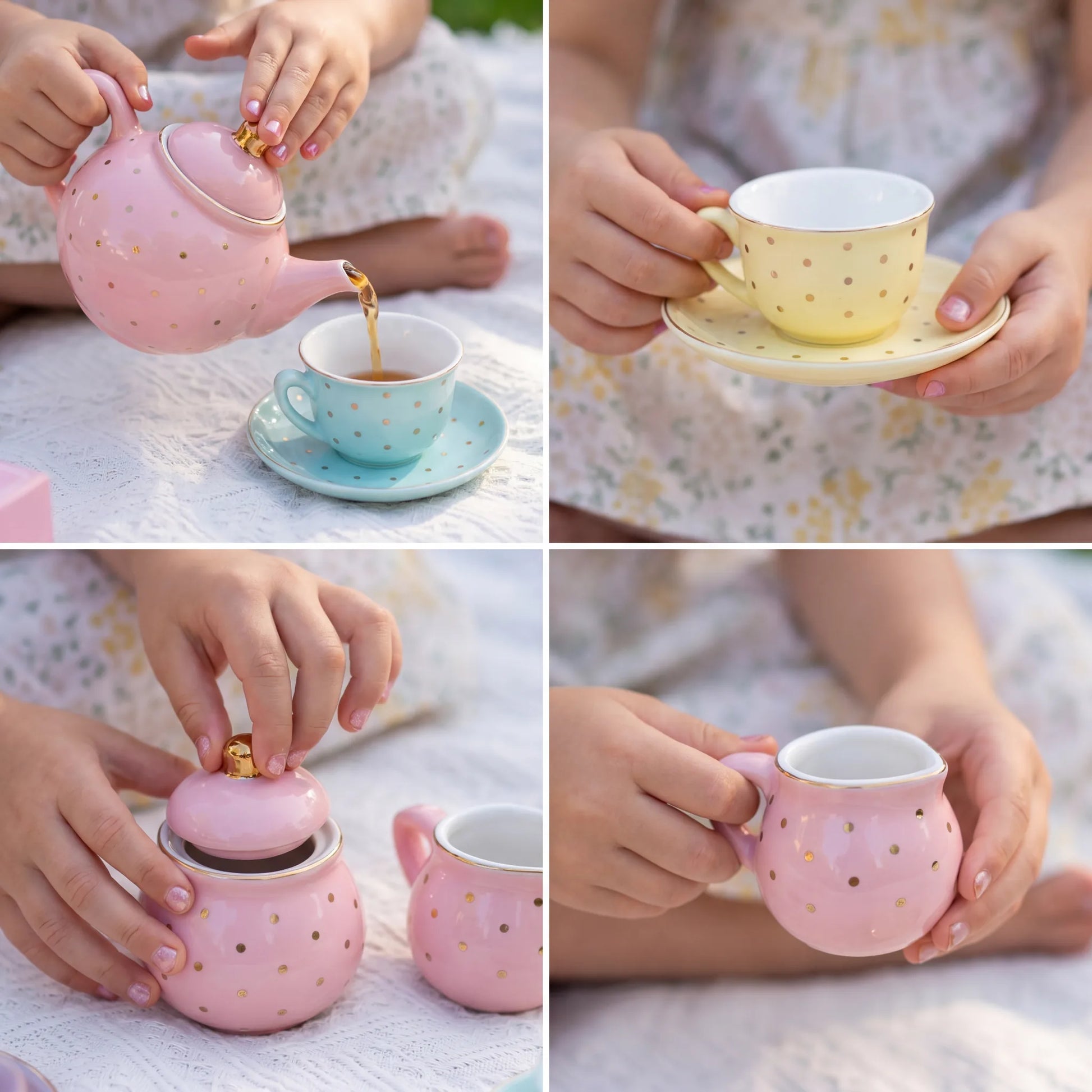 Close-up collage of the pastel porcelain tea set: pouring tea, a yellow cup and saucer, the sugar bowl, and the milk pot