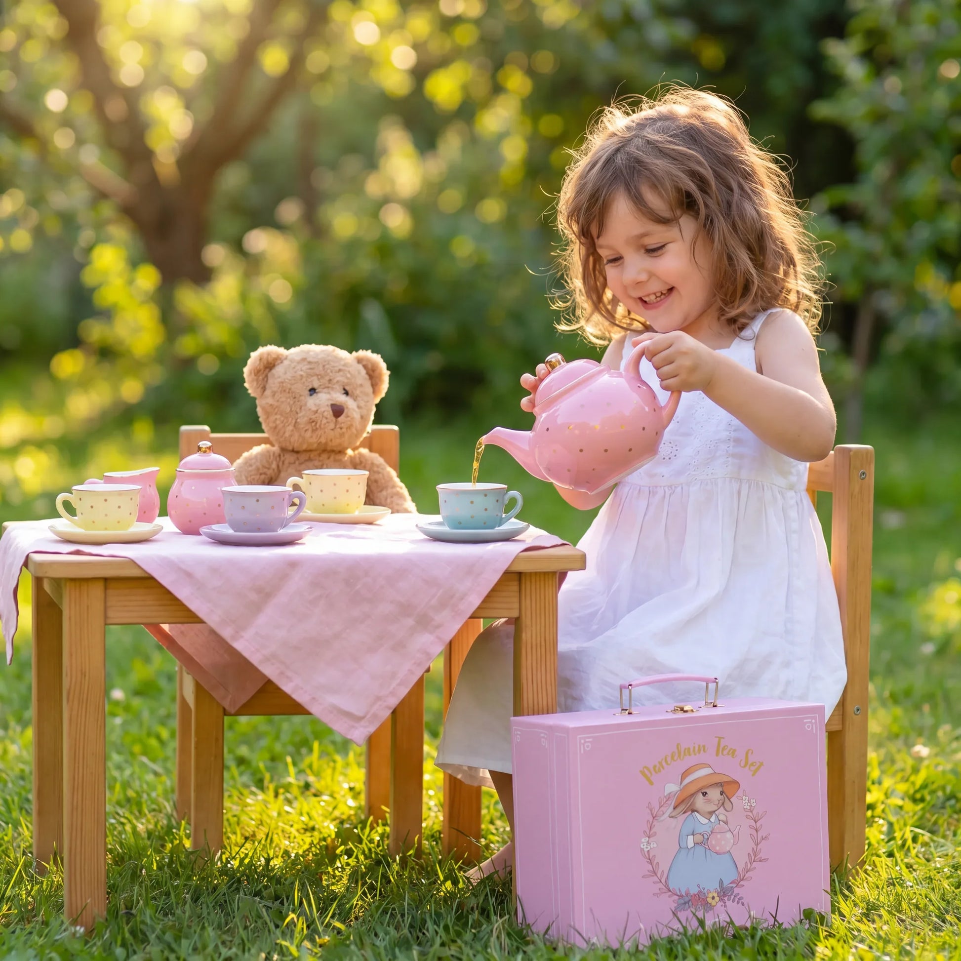 Young girl pouring tea from a pink polka dot teapot at an outdoor garden tea party with teddy bear and pastel cups