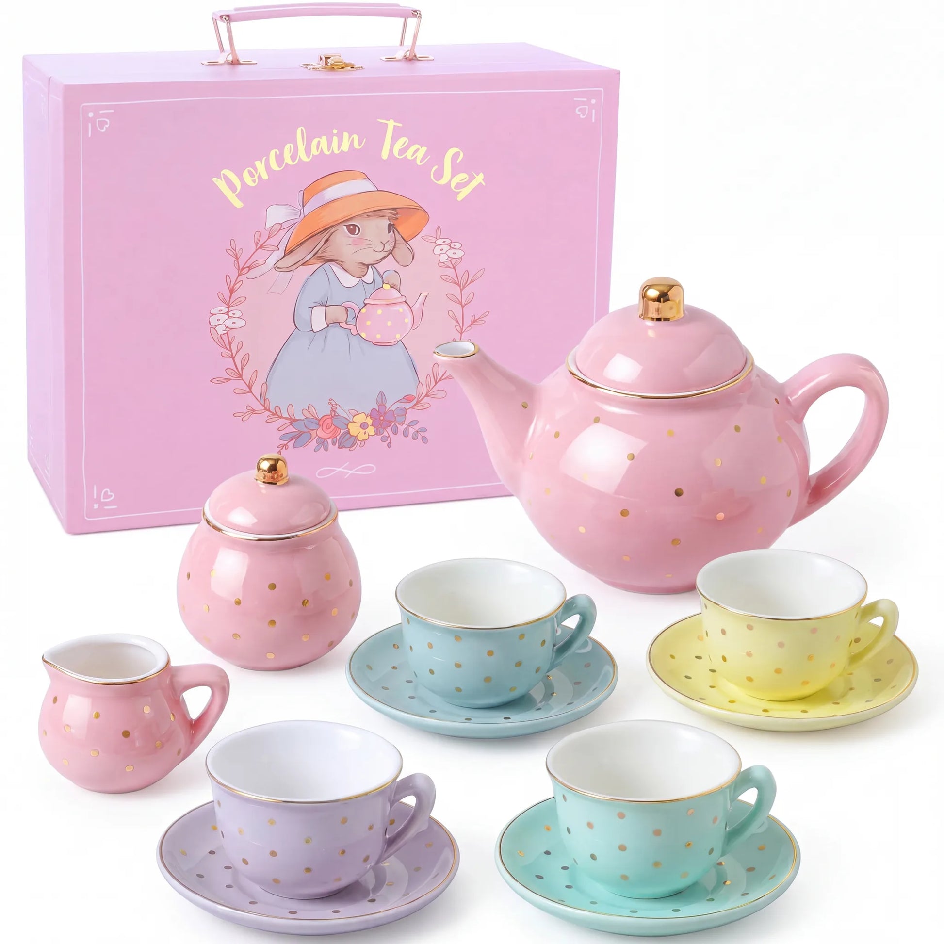 13-piece pastel porcelain tea set with pink teapot, sugar bowl, milk pot, 4 colored cups and saucers beside a pink carry case
