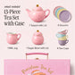 What's included in the 13-piece pastel porcelain tea set: 1 teapot with lid, 4 saucers, 1 milk jug, 1 sugar bowl with lid, 4 tea cups and carry case