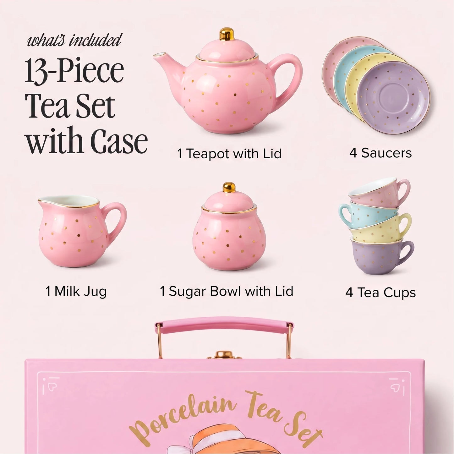 What's included in the 13-piece pastel porcelain tea set: 1 teapot with lid, 4 saucers, 1 milk jug, 1 sugar bowl with lid, 4 tea cups and carry case