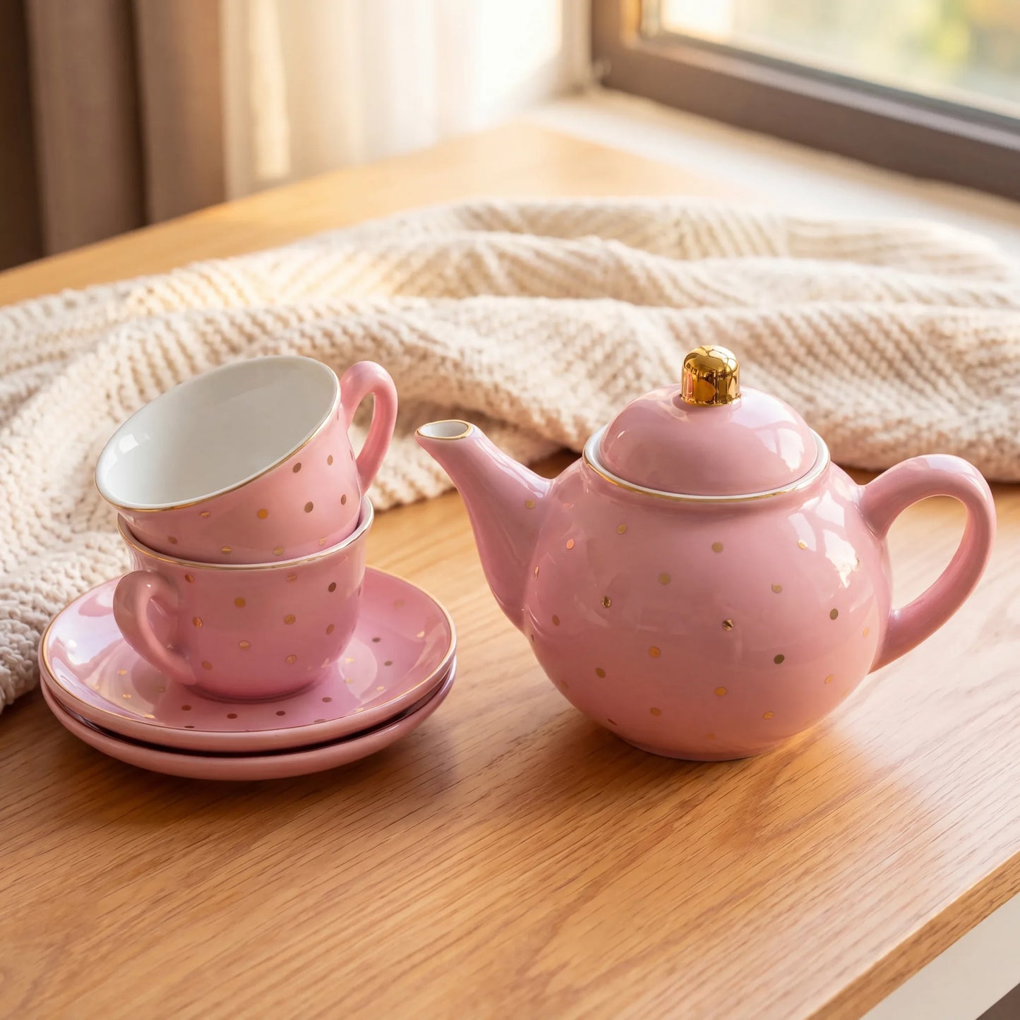 Pink and gold polka dot porcelain teapot with two stacked tea cups and saucers