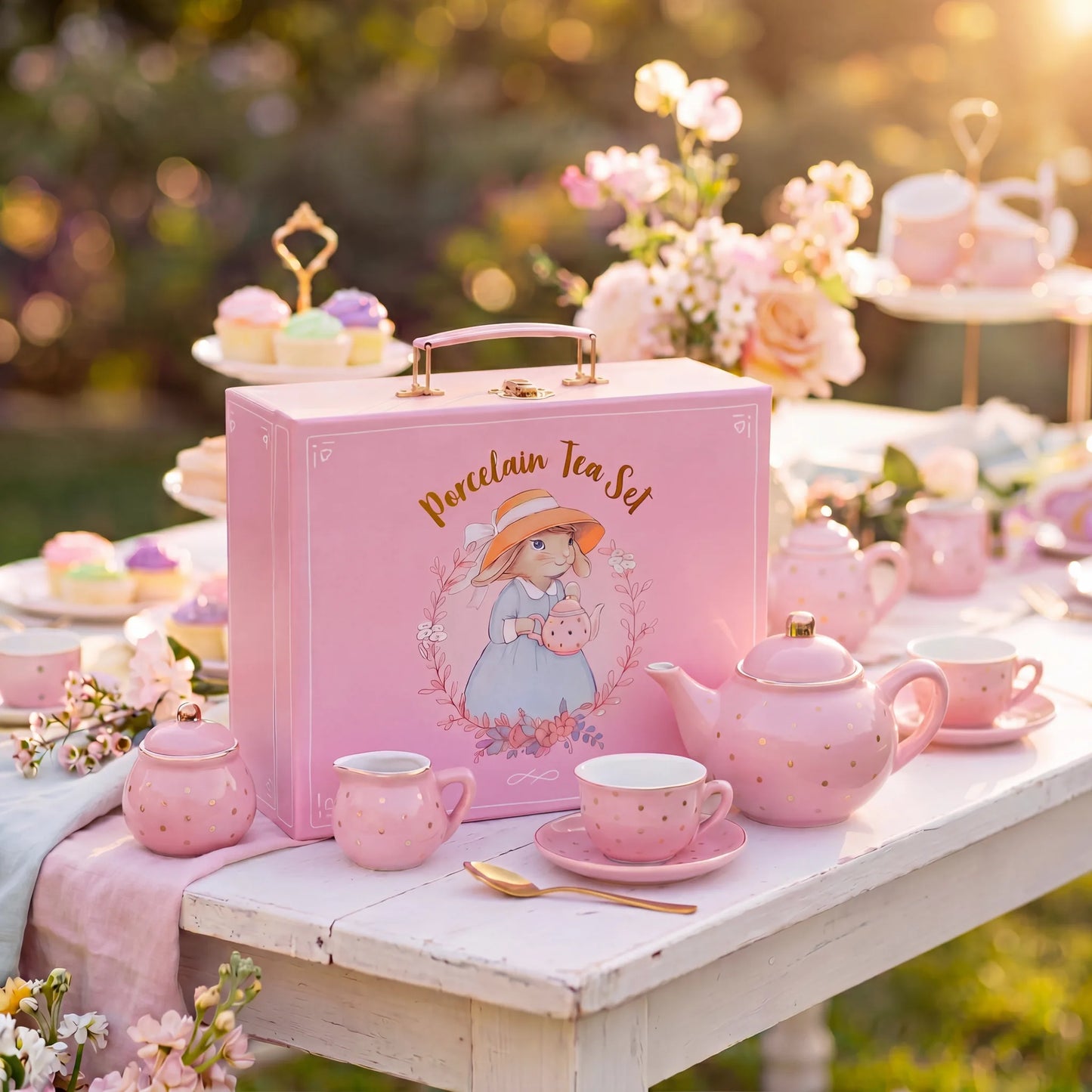 Pink porcelain tea set gift box on a garden party table with flowers and cupcakes