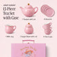 13-piece pink porcelain tea set contents: teapot, 4 saucers, milk jug, sugar bowl and 4 tea cups with carry case