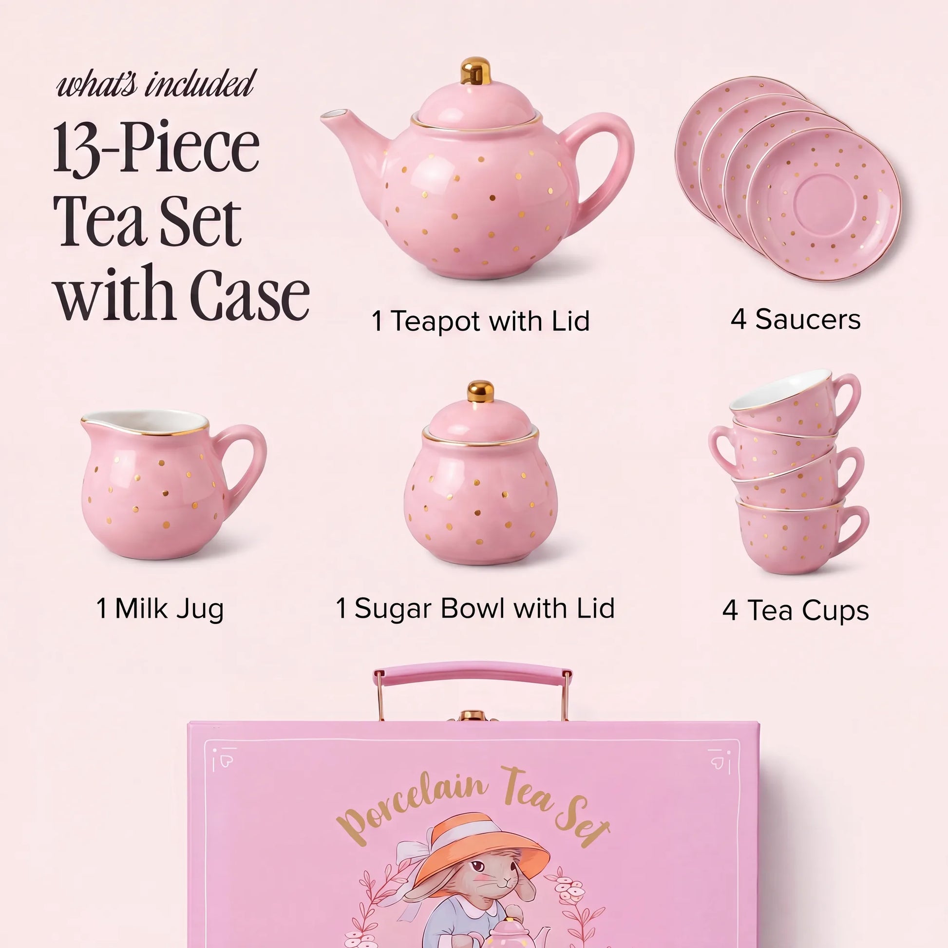 13-piece pink porcelain tea set contents: teapot, 4 saucers, milk jug, sugar bowl and 4 tea cups with carry case