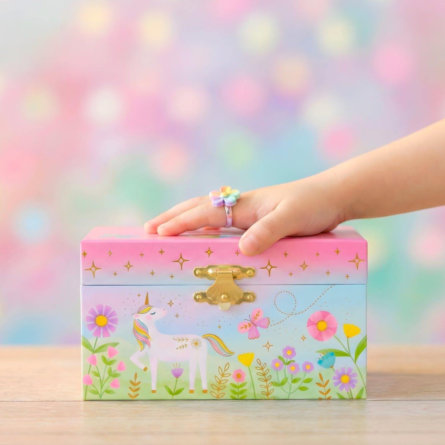 unicorn jewelry box with floral design 