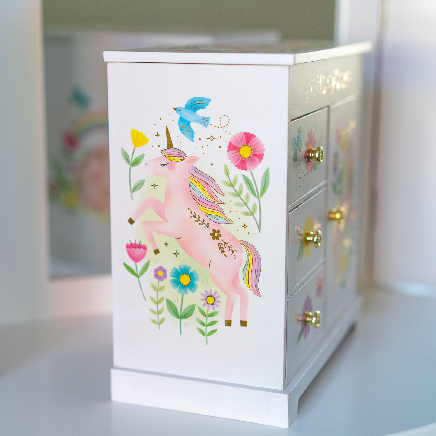 Floral Unicorn Musical Jewelry Box with Drawers