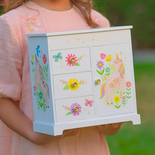 Floral Unicorn Musical Jewelry Box with Drawers