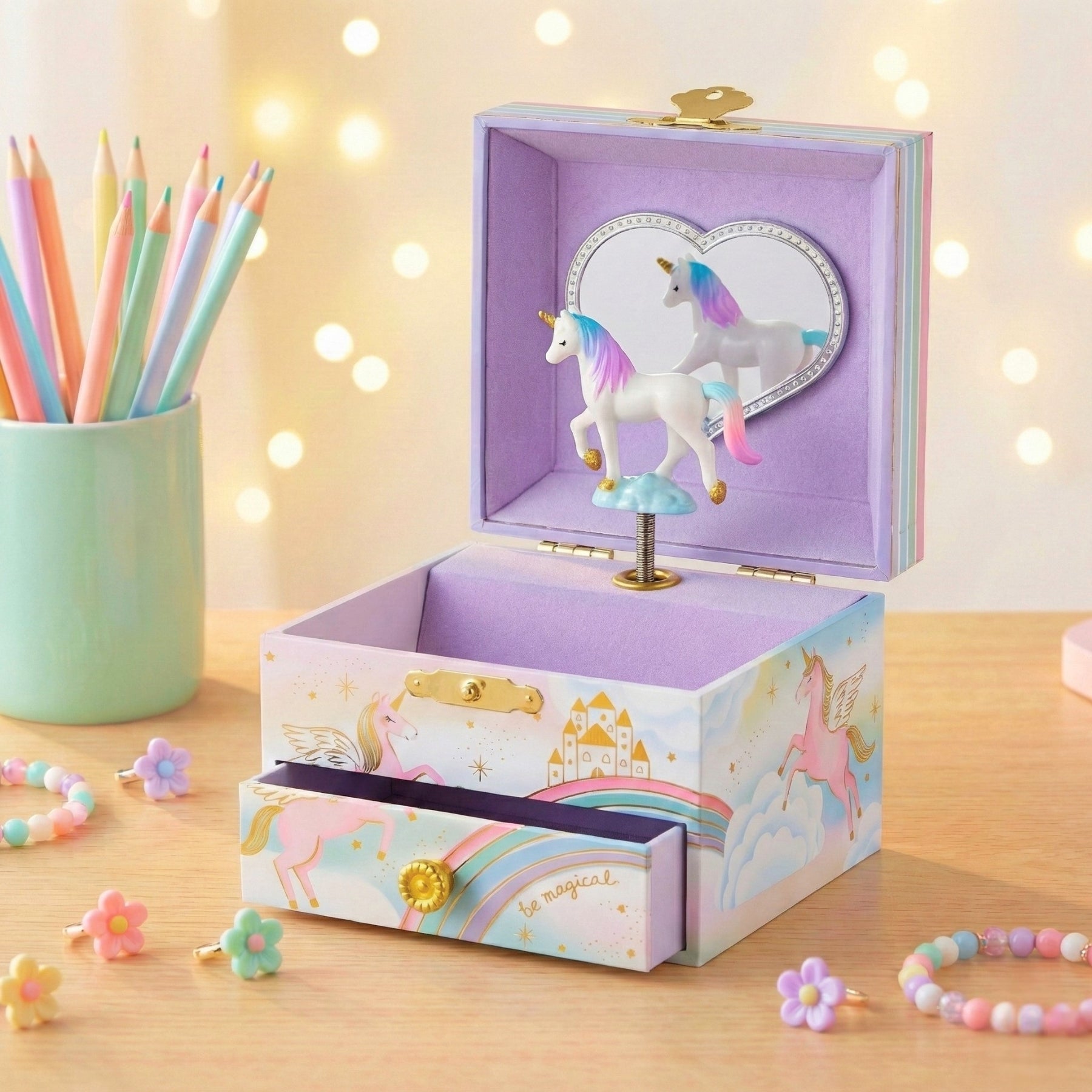 Unicorn-themed jewelry box with pastel colors on a wooden surface with decorative lights in the background.
