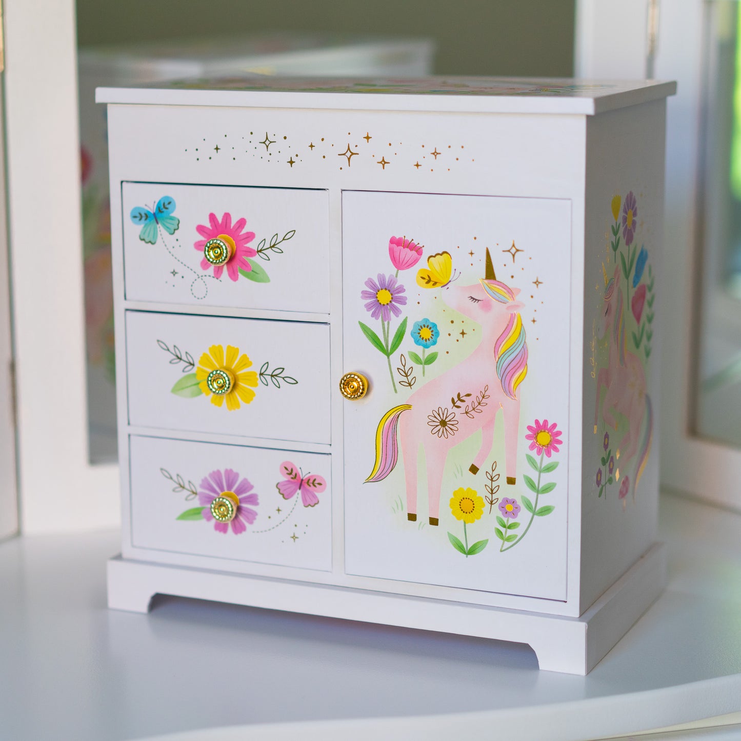 Floral Unicorn Musical Jewelry Box with Drawers